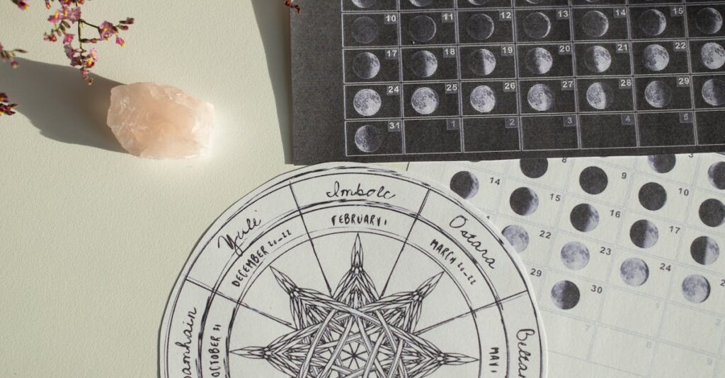 pexels-photo-20419170-20419170 Aesthetic top view of a moon phases calendar with crystals and flowers on a desk.